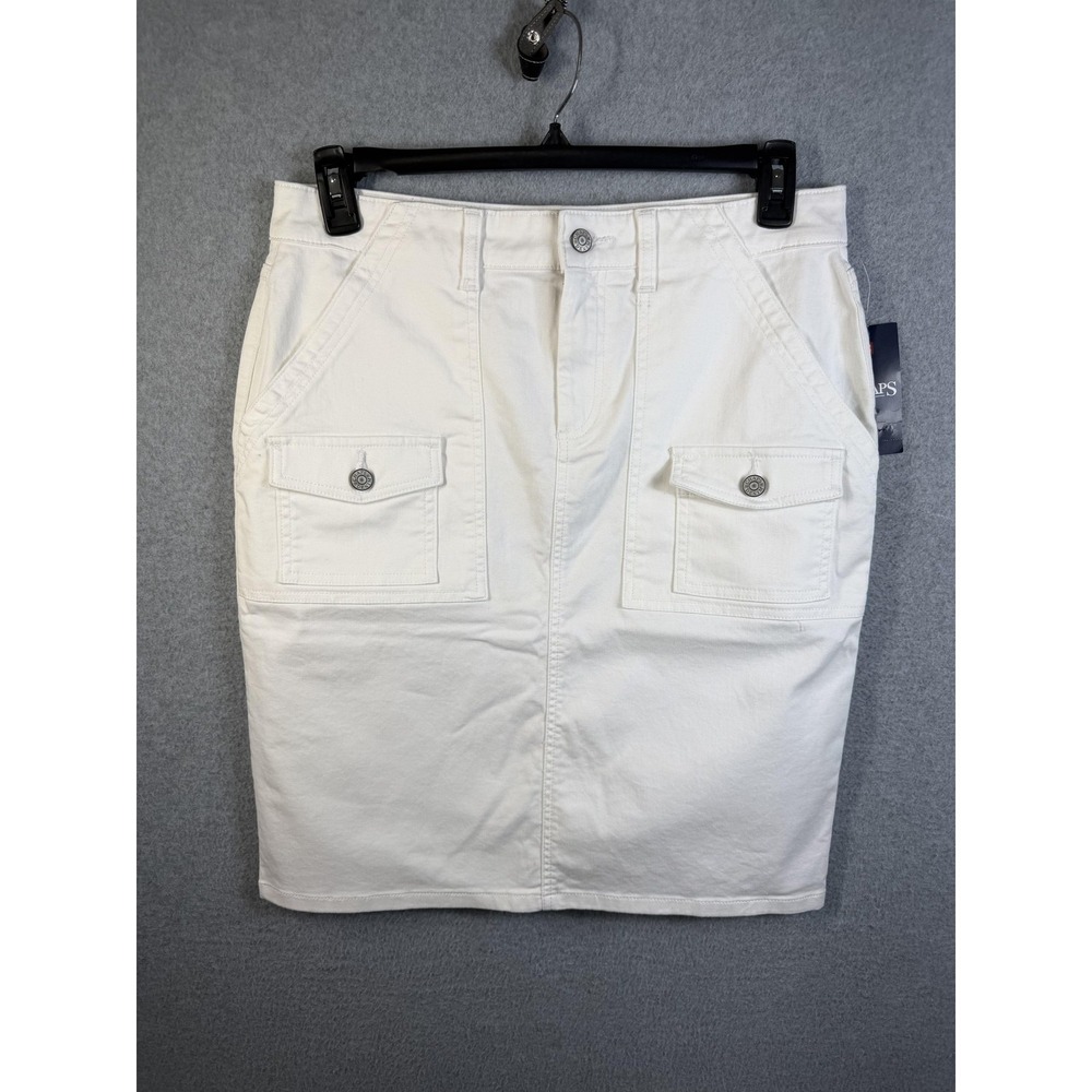 Chaps‎ Skirt Womens 10 White Denim Pencil Knee Length Pockets Beach View Casual